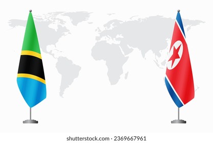 Tanzania and North Korea flags for official meeting against background of world map.