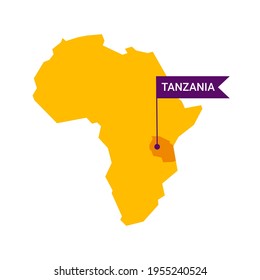 Tanzania on an Africa s map with word Tanzania on a flag-shaped marker. Vector isolated on white.