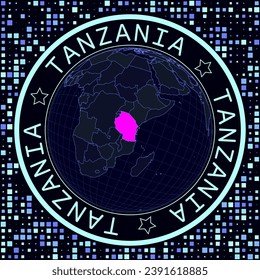 Tanzania on globe vector. Futuristic satelite view of the world centered to Tanzania. Geographical illustration with shape of country and squares background. Bright neon colors on dark background.