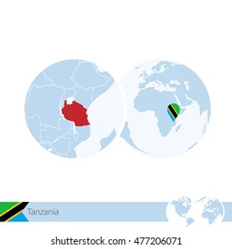 Tanzania on world globe with flag and regional map of Tanzania. Vector Illustration.