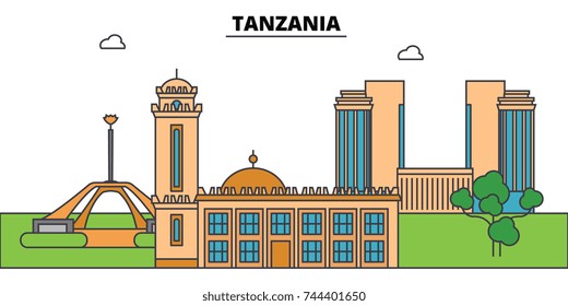 Tanzania outline city skyline, linear illustration, banner, travel landmark, buildings silhouette,vector