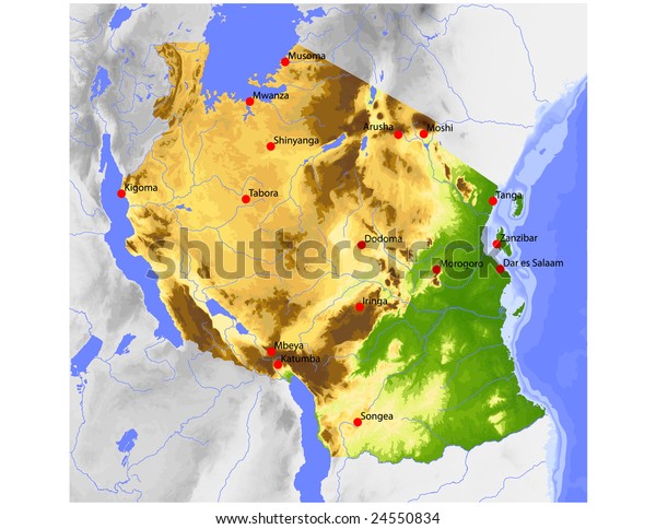 Tanzania Physical Vector Map Colored According Tanzania Physical Vector Map Colored 600w 24550834