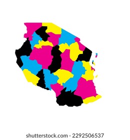 Tanzania political map of administrative divisions - regions. Blank vector map in CMYK colors.