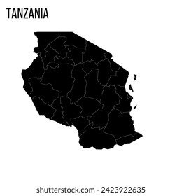 Tanzania political map of administrative divisions - regions. Blank black map and country name title.