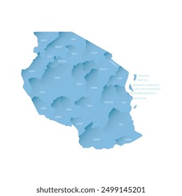 Tanzania political map of administrative divisions - regions. Shaded vector map with 3D-like blue gradient and name labels