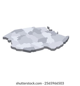 Tanzania political map of administrative divisions - regions. 3D isometric blank vector map in shades of grey.