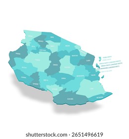 Mapa político da Tanzânia de divisões administrativas - regiões. Mapa de vetor turquesa 3D com rótulos de nome.