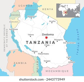 Tanzania Political Map with capital Dodoma, most important cities with national borders