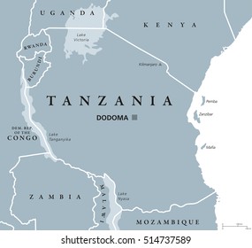 Tanzania political map with capital Dodoma, national borders, islands Zanzibar, Pemba and neighbor countries. Republic in Eastern Africa. English labeling. Gray colored illustration over white.