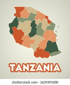Tanzania poster in retro style. Map of the country with regions in autumn color palette. Shape of Tanzania with country name. Appealing vector illustration.