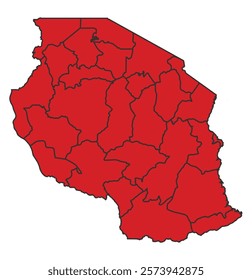 Tanzania red map with border of regions outline vector