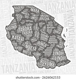 Tanzania regions map word cloud. Tanzania region names. Black and white map design. Amazing vector illustration.