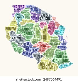 Tanzania regions word cloud. Country logo design. Regions typography style vector image. Tanzania colored text cloud. Modern vector illustration.