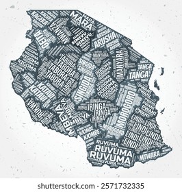 Tanzania regions word clouds. Country shape on textured background. Tanzania design in typographic style. Creative vector illustration.