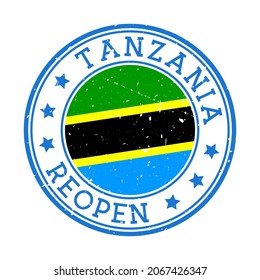 Tanzania Reopening Stamp. Round badge of country with flag of Tanzania. Reopening after lockdown sign. Vector illustration.