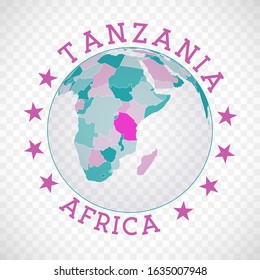 Tanzania round logo. Badge of the country with a map of Tanzania in a world context. Country sticker stamp with a globe map and round text. Superb vector illustration.