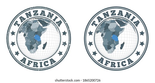 Tanzania round logos. Circular badges of country with map of Tanzania in world context. Plain and textured country stamps. Vector illustration.