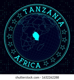 Tanzania round sign. Futuristic satelite view of the world centered to Tanzania. Country badge with map, round text and binary background. Captivating vector illustration.