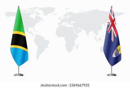 Tanzania and Saint Helena flags for official meeting against background of world map.