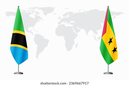 Tanzania and Sao Tome and Principe flags for official meeting against background of world map.