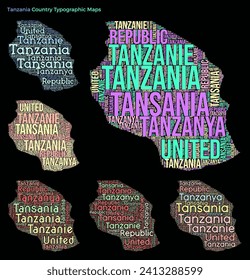 Tanzania. Set of typography style country illustrations. Tanzania map shape build of horizontal and vertical country names. Vector illustration.