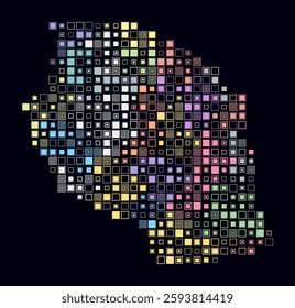 Tanzania, shape of the country built of colored cells. Digital style map of Tanzania on a dark background. Large size square blocks. Abstract vector illustration.
