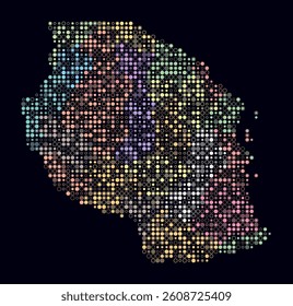 Tanzania, shape of the country built of colored cells. Digital style map of Tanzania on a dark background. Small size circle blocks. Vibrant vector illustration.
