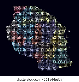 Tanzania, shape of the country built of colored cells. Digital style map of Tanzania on dark background. Small size square blocks. Plain vector illustration.