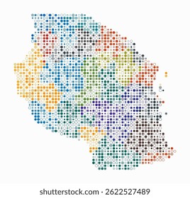 Tanzania, shape of the country built of colored cells. Digital style map of Tanzania on a white background. Small size circle blocks. Vibrant vector illustration.