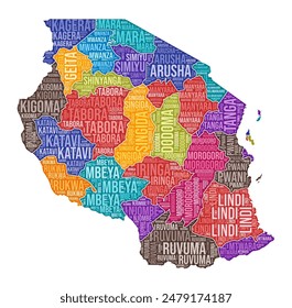 Tanzania shape. Country word cloud with region division. Tanzania colored illustration. Region names cloud. Vector illustration.