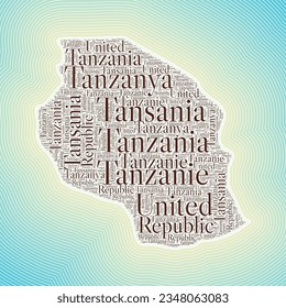 Tanzania shape formed by country name in multiple languages. Tanzania border on stylish striped gradient background. Vibrant poster. Elegant vector illustration.
