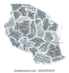 Tanzania shape text cloud. Country border with shadow on white background. Tanzania with regions division in vintage gazette style. Vibrant vector illustration.