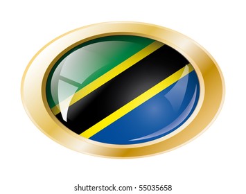 Tanzania shiny button flag with golden ring vector illustration. Isolated abstract object against white background.