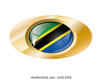 Tanzania shiny button flag vector illustration. Isolated abstract object on metal background.