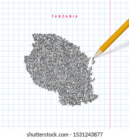 Tanzania sketch scribble vector map drawn on checkered school notebook paper background