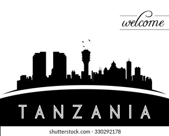 Tanzania skyline silhouette, black and white design, vector illustration