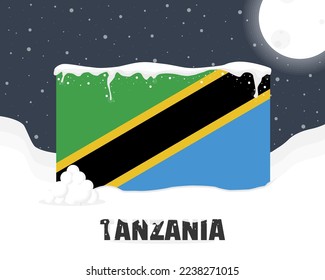 Tanzania snowy weather concept, cold weather and snowfall, Tanzania weather forecast winter banner idea, snow cap on flag with snowballs and moon, blizzard and adverse weather conditions