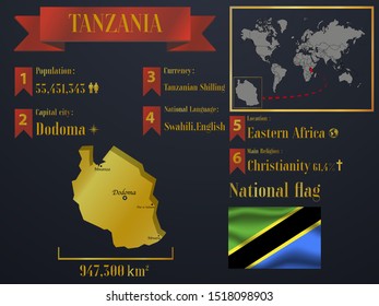 Tanzania statistic data visualization, travel, tourism destination infographic, information. Graphic vector illustration. National flag, African country silhouette, world map icon business element