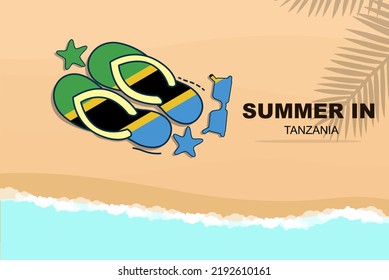 Tanzania summer holiday vector banner, beach vacation concept, flip flops sunglasses starfish on sand, copy space area, Tanzania summer travel and tourism idea with flag