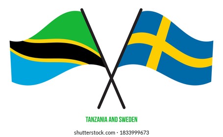 Tanzania and Sweden Flags Crossed And Waving Flat Style. Official Proportion. Correct Colors.