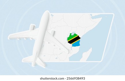 Tanzania Travel Illustration with Plane and National Flag. Ideal for travel agencies, promotional materials, or geographic content related to Tanzania.