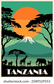 Tanzania Travel poster in retro style with beautifal african safari landscape with Kilimanjaro Mountain and wild animals and trees silhouettes. Colorful flat vector illustration