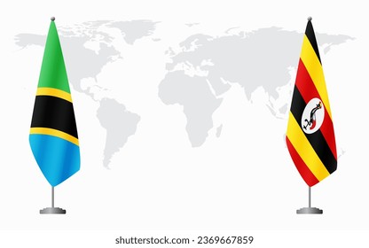 Tanzania and Uganda flags for official meeting against background of world map.