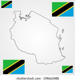 Tanzania vector map contour and vector flag high detailed silhouette illustration isolated on white background. 