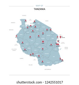 Tanzania vector map. Editable template with regions, cities, red pins and blue surface on white background. 