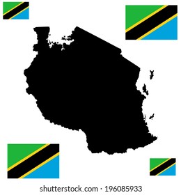 Tanzania vector map silhouette and vector flag high detailed silhouette illustration isolated on white background.