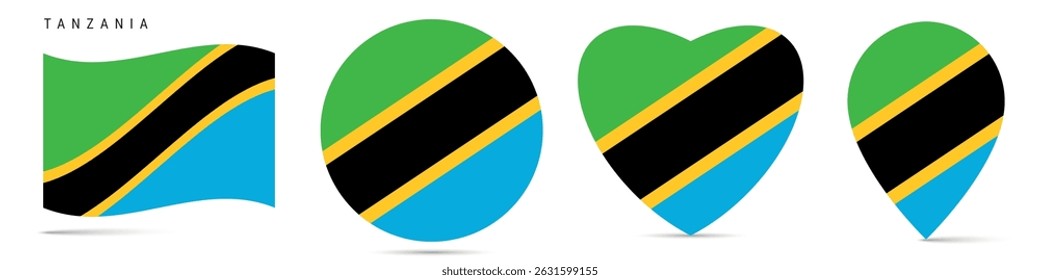Tanzania waving flag, round circle sticker badge, heart shaped icon, map pin. Tanzanian flag buttons of different shapes. Vector illustration isolated on white.
