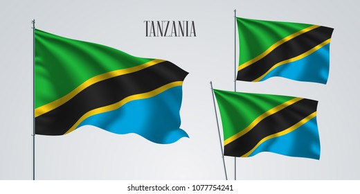 Tanzania waving flag set of vector illustration. Green blue colors of Tanzania wavy realistic flag as a patriotic symbol 