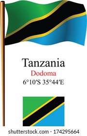 tanzania wavy flag and coordinates against white background, vector art illustration, image contains transparency
