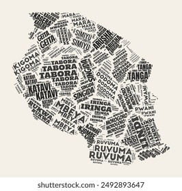 Tanzania Word Cloud. Country with regions division. Tanzania typographic text clouds vector image design. Vintage gazette style country shape image. Vibrant vector illustration.